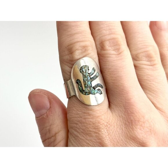 RARE Taxco Mexico Monkey Abalone Inlaid 925 Sterling Silver Vintage Ring - sz 8 - Picture 13 of 14